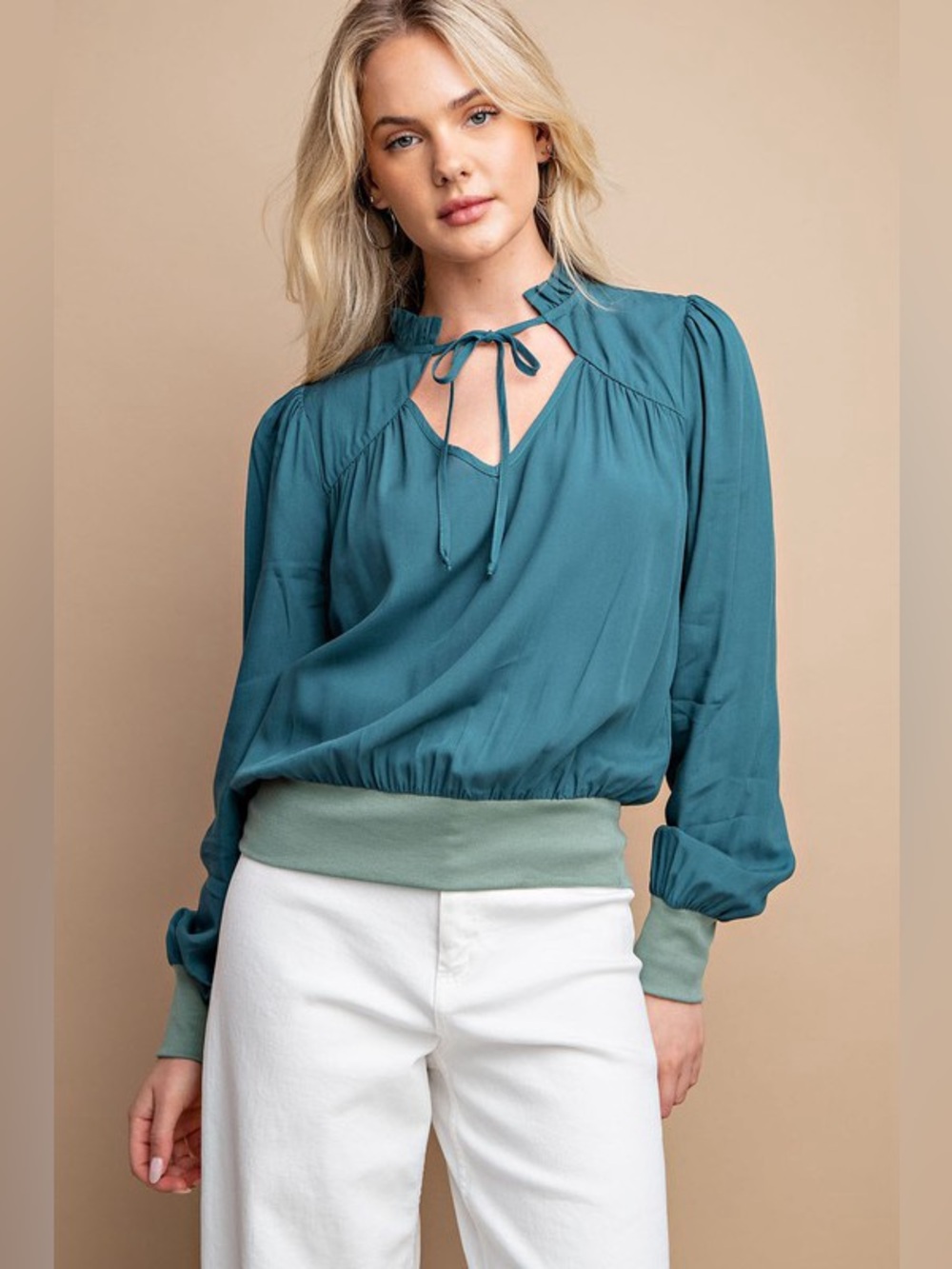 Women's Teal Tie-Front Long Sleeve Blouse